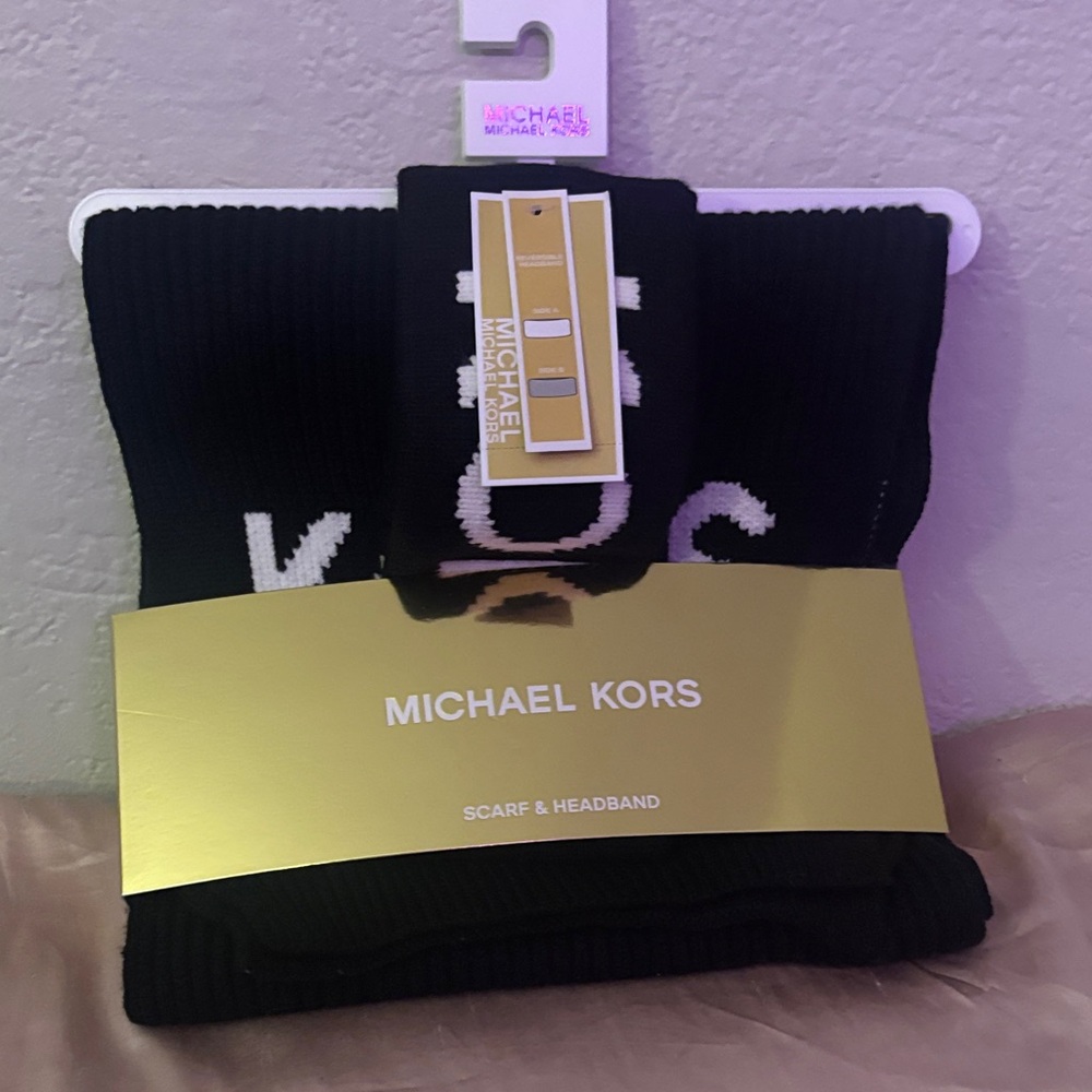 Michael Kors Black Knit Scarf and Headband Set